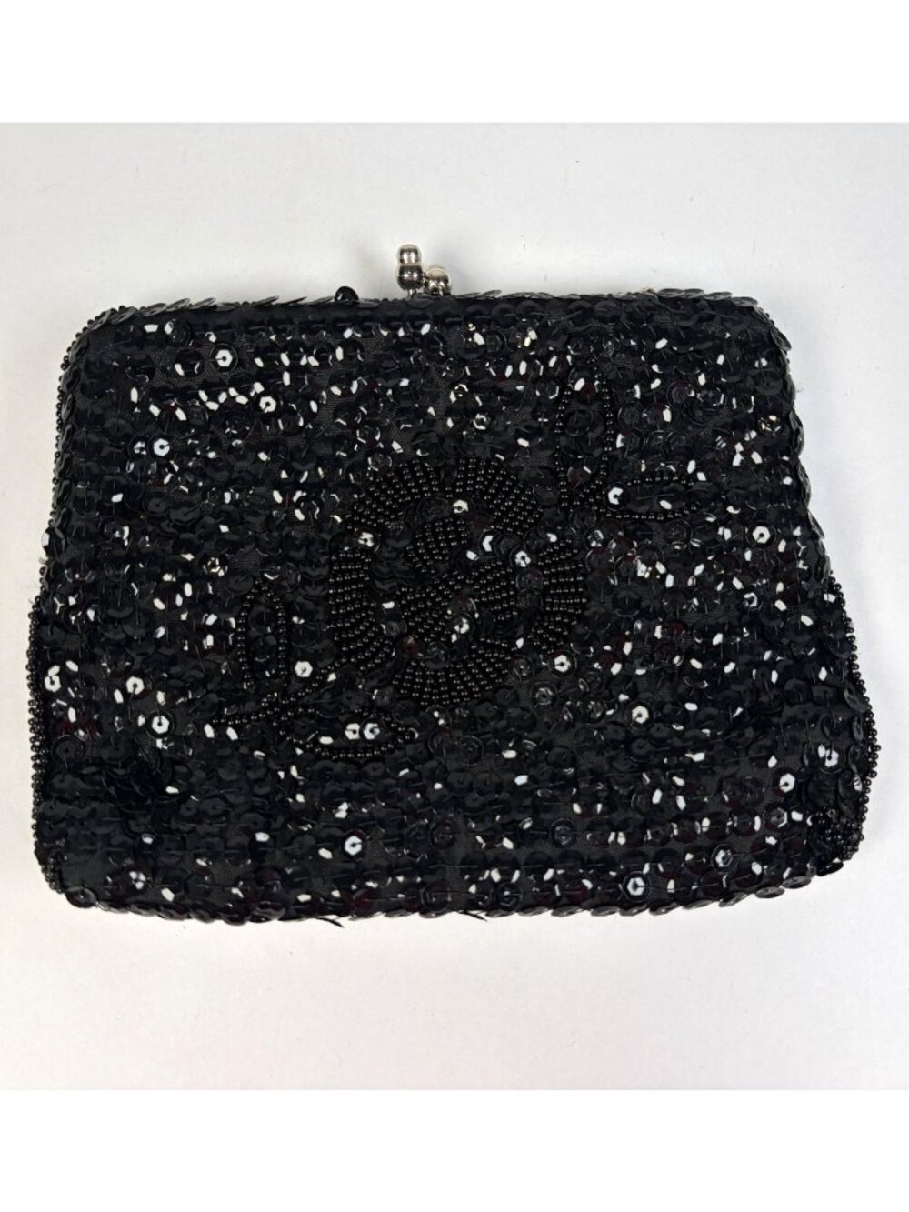Vintage Black Beaded Sequin Evening Bag w Silver Chain Kiss Lock Made In Japan